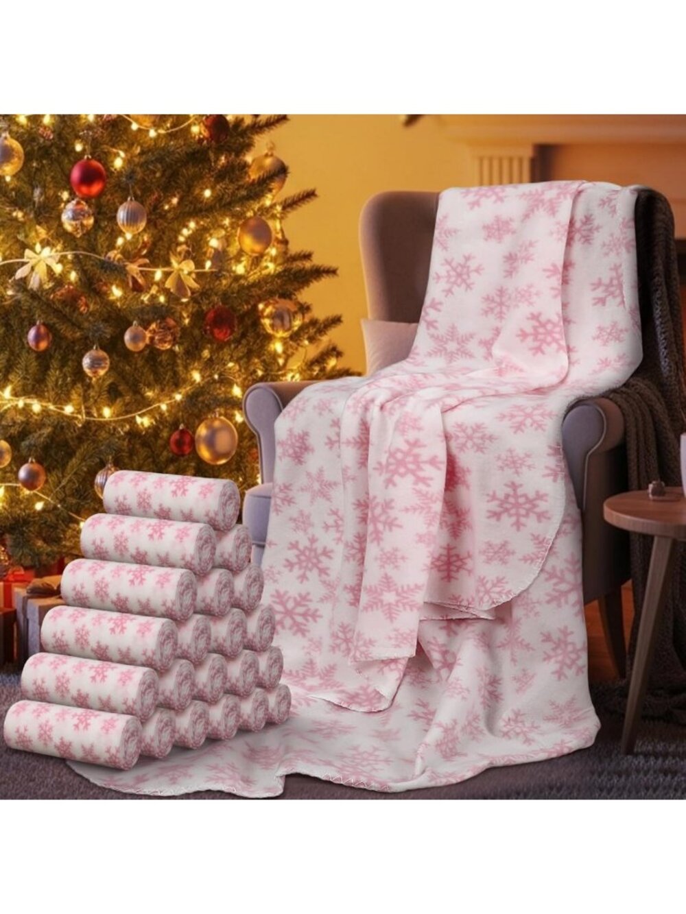 Cozy 24 Pack Christmas Fleece Throw Blankets - Pink Snowflake Design, Bulk Set
